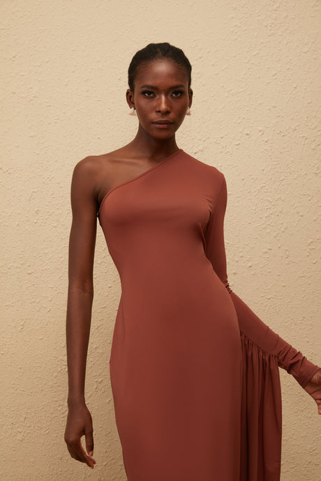 Aurohaya Aikaterini Brown Asymmetrical Draped Panel Midi Dress
