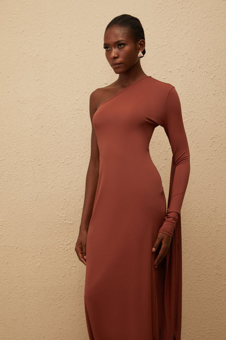 Aurohaya Aikaterini Brown Asymmetrical Draped Panel Midi Dress