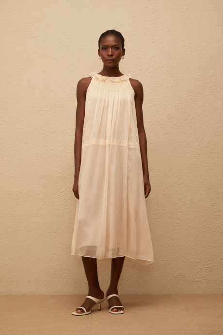Aurohaya Orélie Neutral Pleated Chiffon Midi Dress