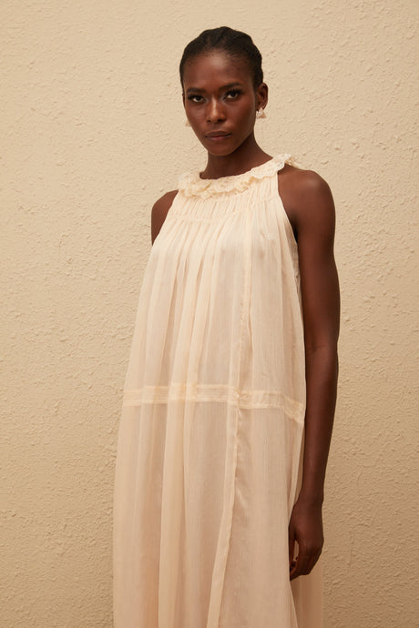 Aurohaya Orélie Neutral Pleated Chiffon Midi Dress