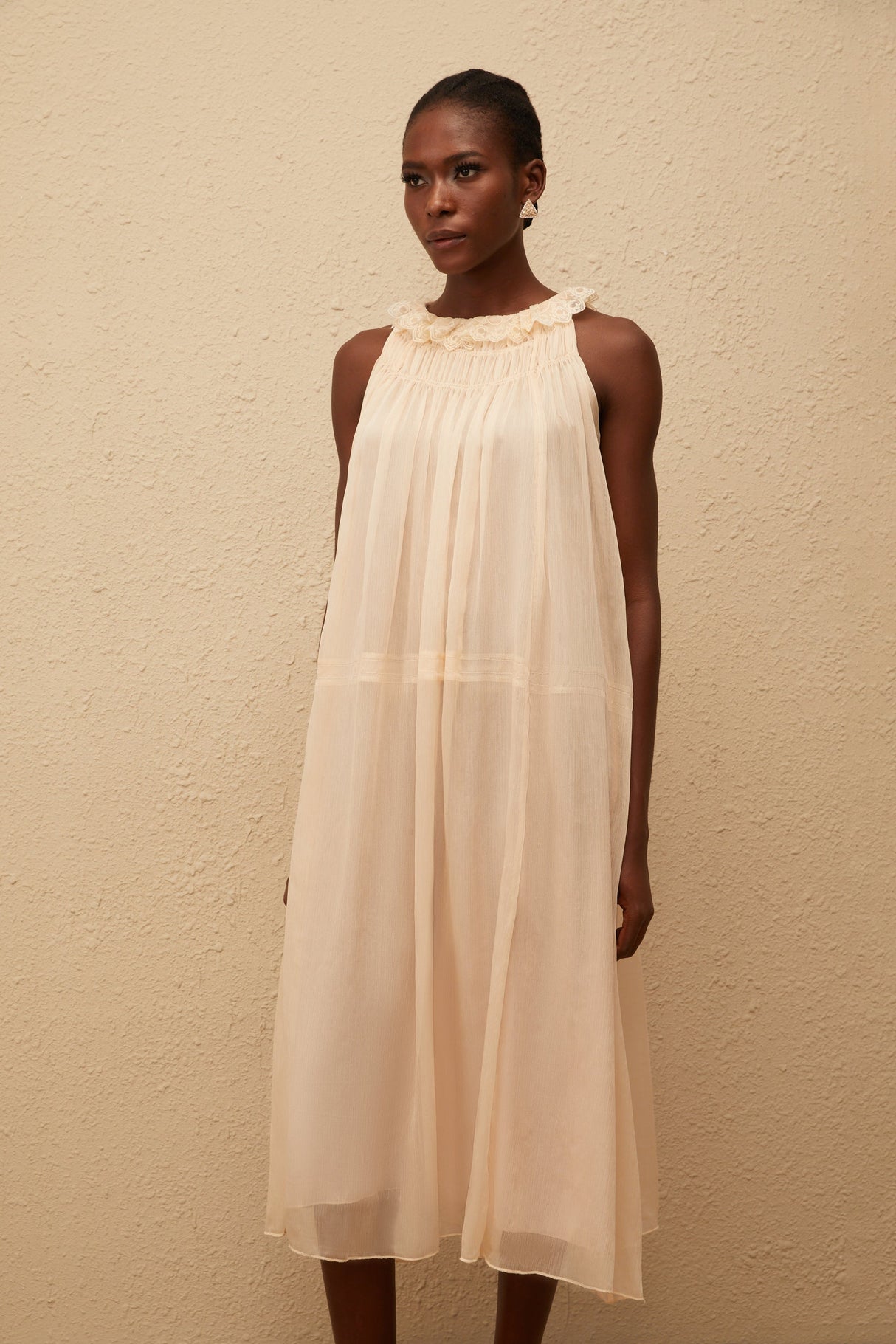 Aurohaya Orélie Neutral Pleated Chiffon Midi Dress