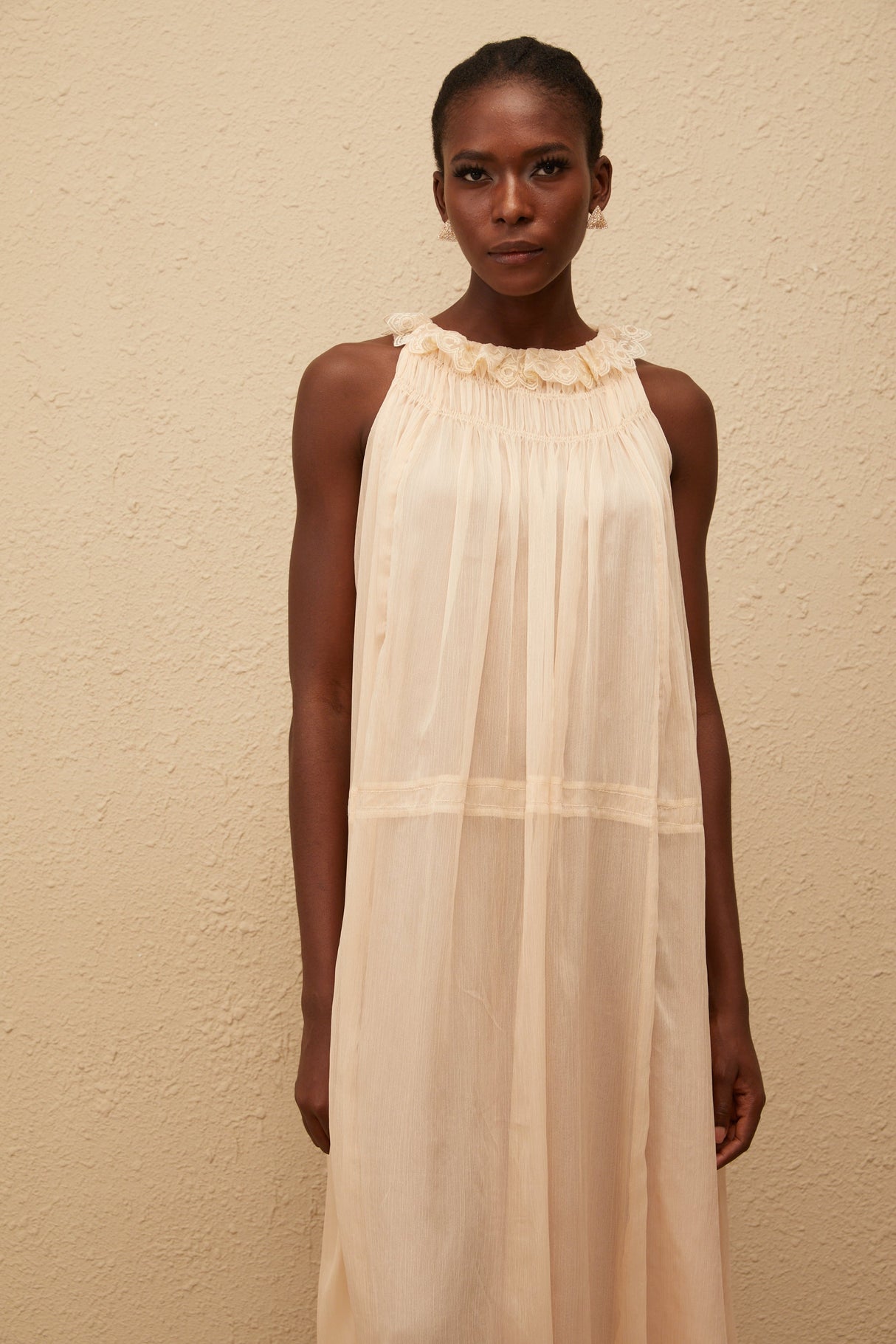 Aurohaya Orélie Neutral Pleated Chiffon Midi Dress
