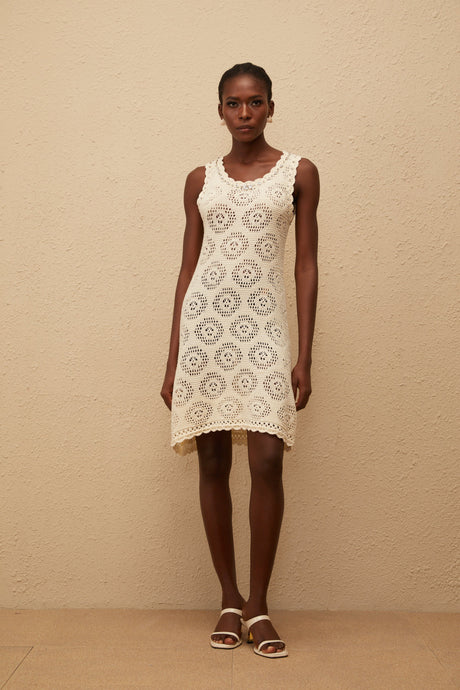 Aurohaya Ismérie White Scalloped Crochet Knit Mini Dress