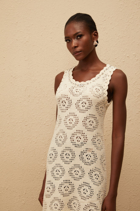 Aurohaya Ismérie White Scalloped Crochet Knit Mini Dress