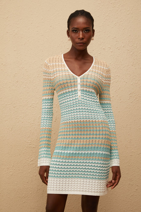 Aurohaya Pélagie Green Wavy Crochet Knit Mini Dress