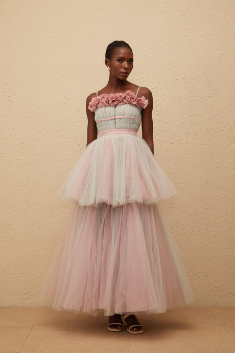 Aurohaya Hermione Grey 3D Petal Tulle Maxi Dress