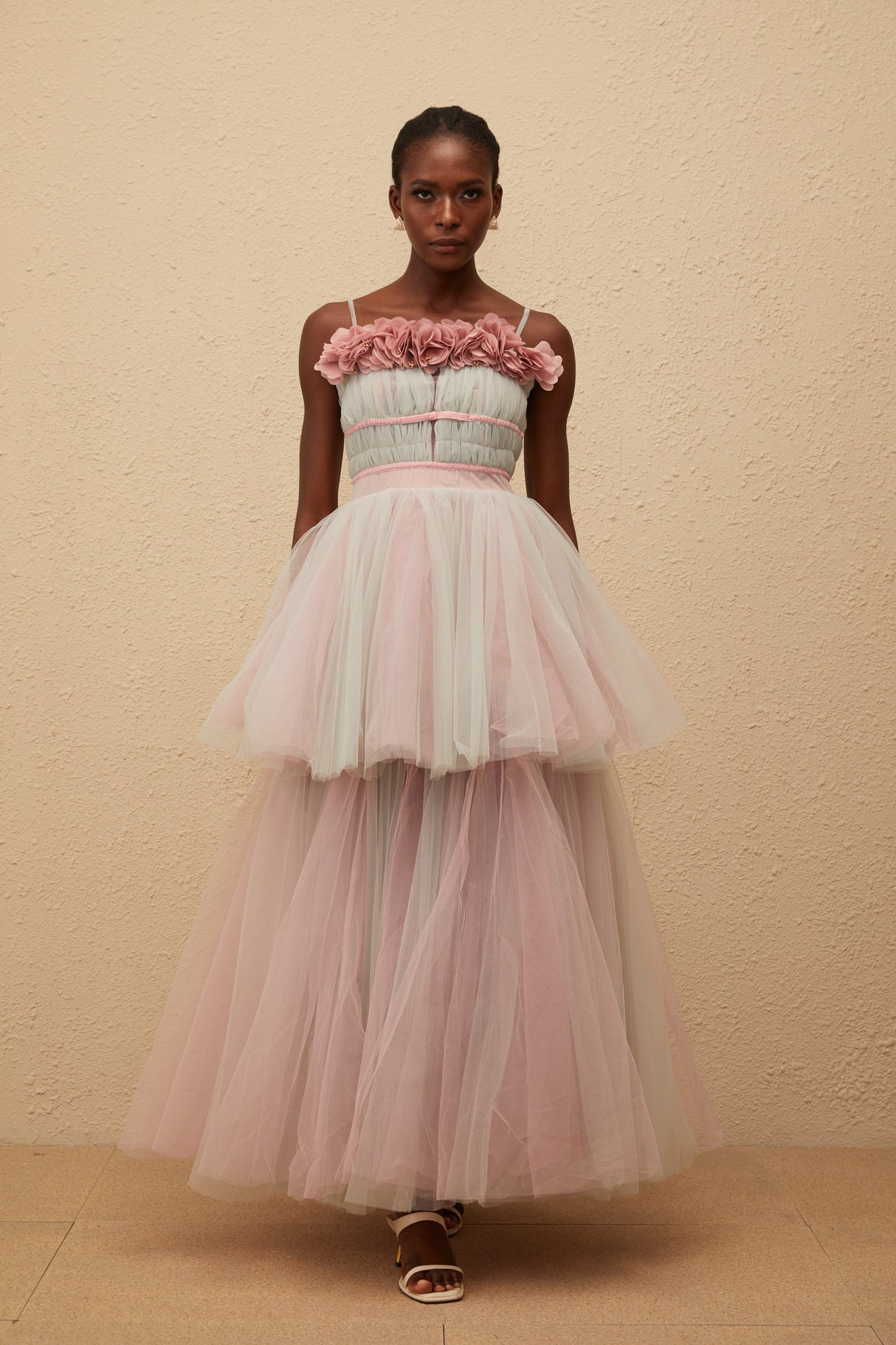 Aurohaya Hermione Grey 3D Petal Tulle Maxi Dress