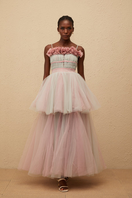 Aurohaya Hermione Grey 3D Petal Tulle Maxi Dress