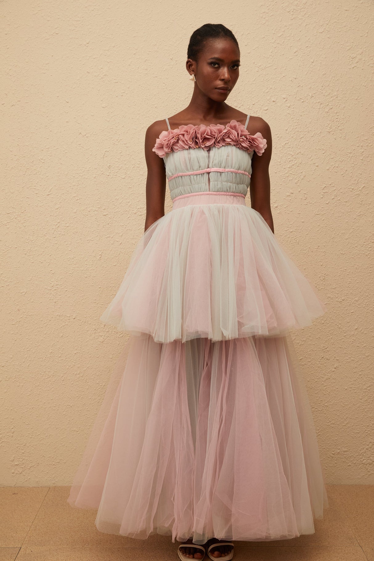 Aurohaya Hermione Grey 3D Petal Tulle Maxi Dress