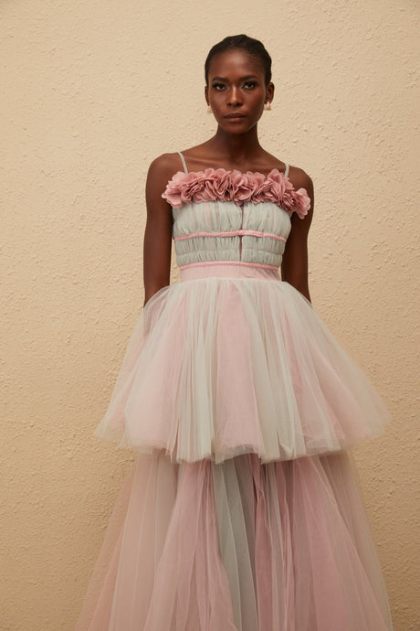 Aurohaya Hermione Grey 3D Petal Tulle Maxi Dress