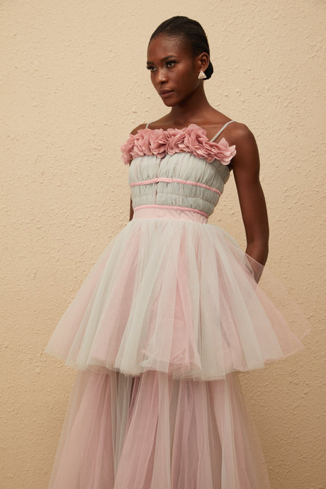 Aurohaya Hermione Grey 3D Petal Tulle Maxi Dress