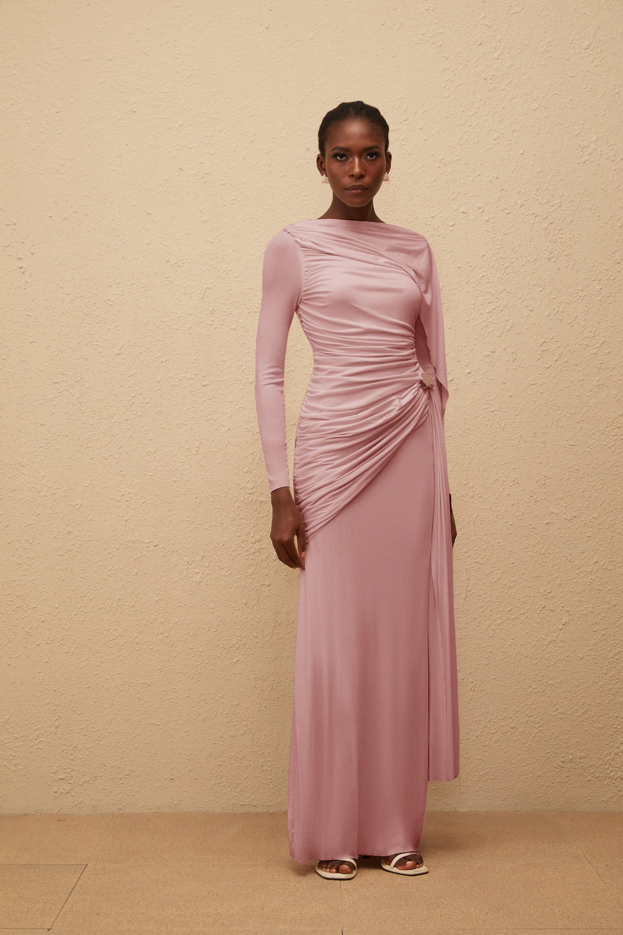 Aurohaya Paloma Pink Asymmetrical Ruched Knit Maxi Dress
