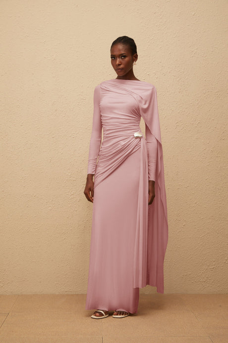 Aurohaya Paloma Pink Asymmetrical Ruched Knit Maxi Dress
