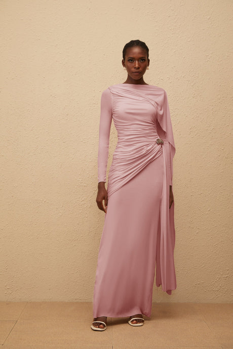 Aurohaya Paloma Pink Asymmetrical Ruched Knit Maxi Dress