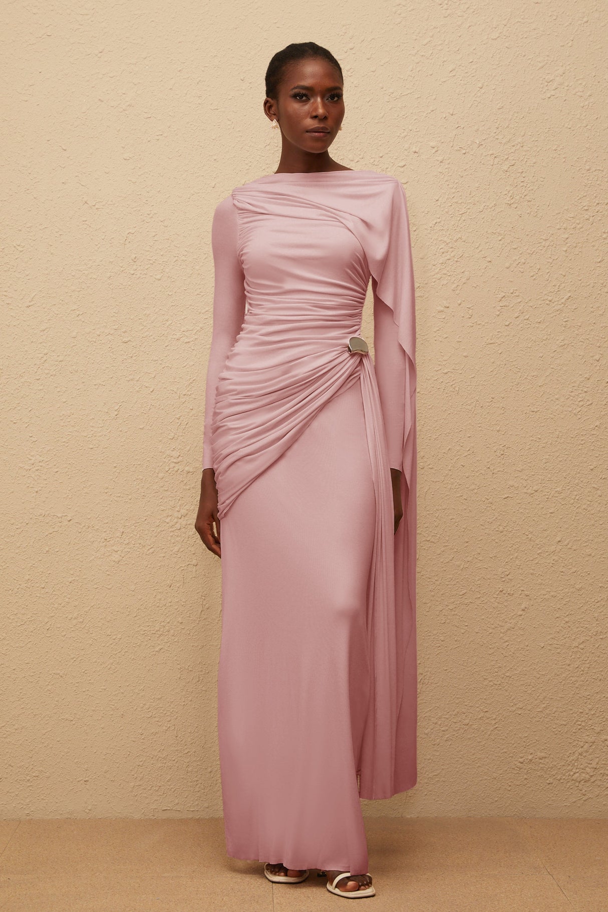 Aurohaya Paloma Pink Asymmetrical Ruched Knit Maxi Dress