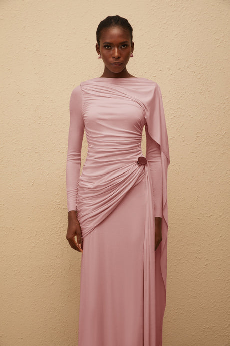 Aurohaya Paloma Pink Asymmetrical Ruched Knit Maxi Dress