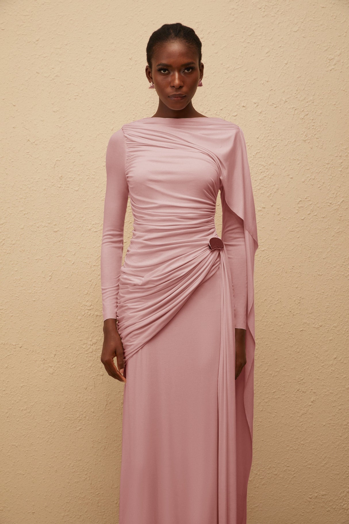 Aurohaya Paloma Pink Asymmetrical Ruched Knit Maxi Dress