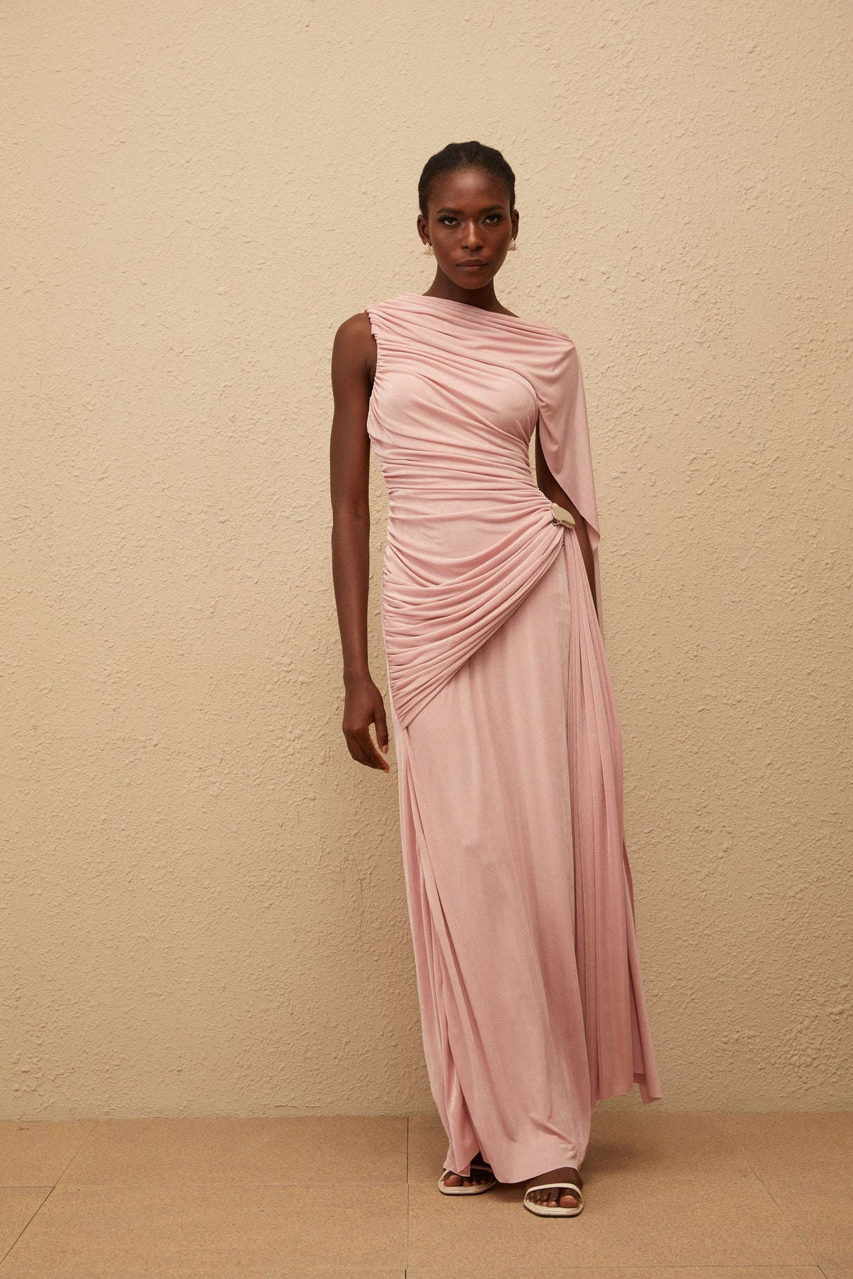 Aurohaya Paloma Pink Sleeveless Asymmetrical Ruched Knit Maxi Dress