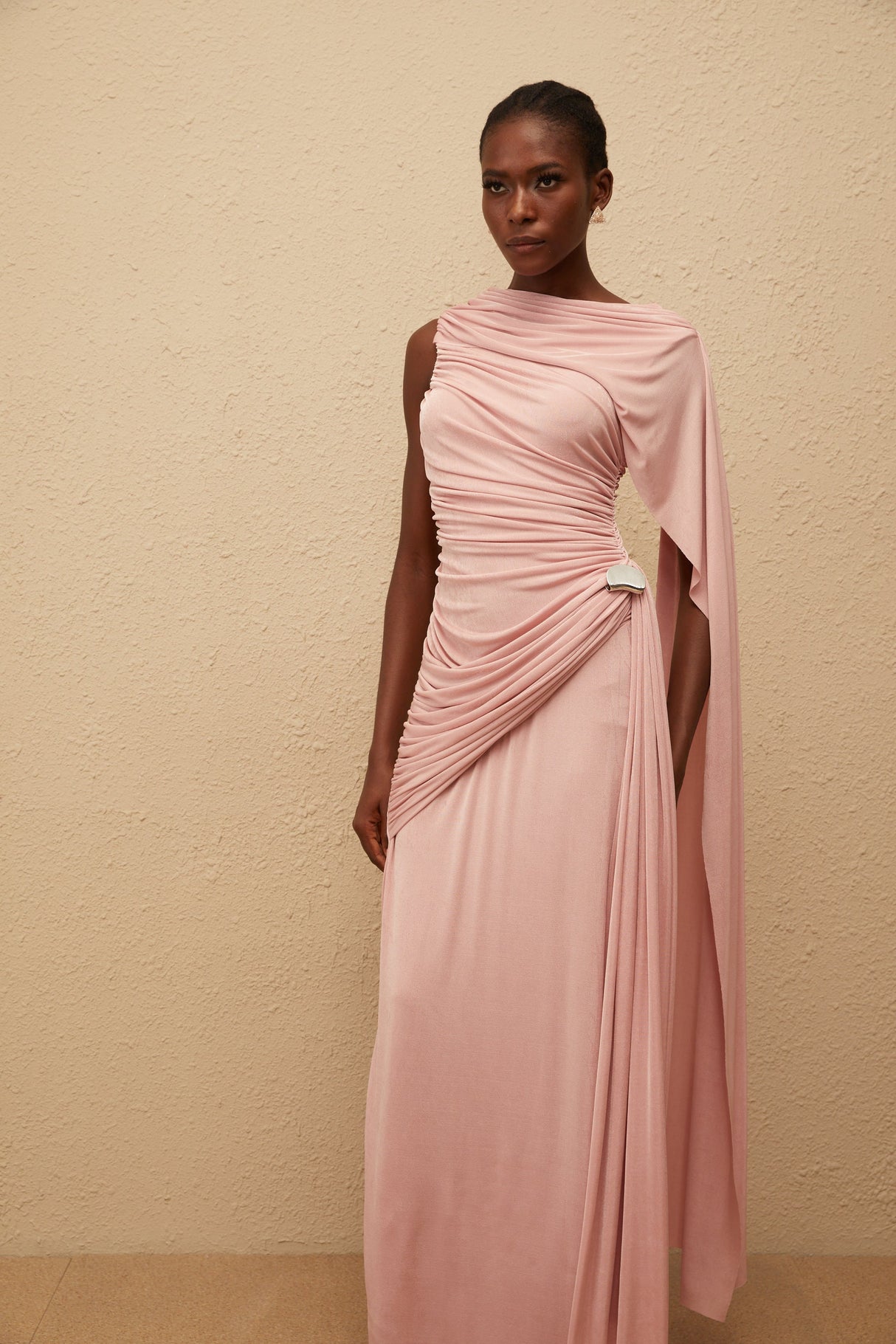 Aurohaya Paloma Pink Sleeveless Asymmetrical Ruched Knit Maxi Dress