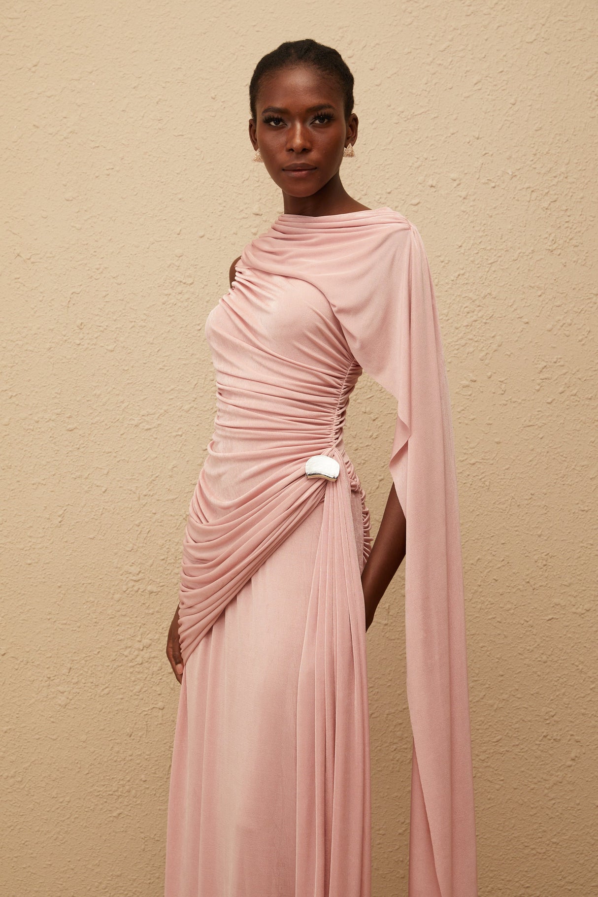 Aurohaya Paloma Pink Sleeveless Asymmetrical Ruched Knit Maxi Dress