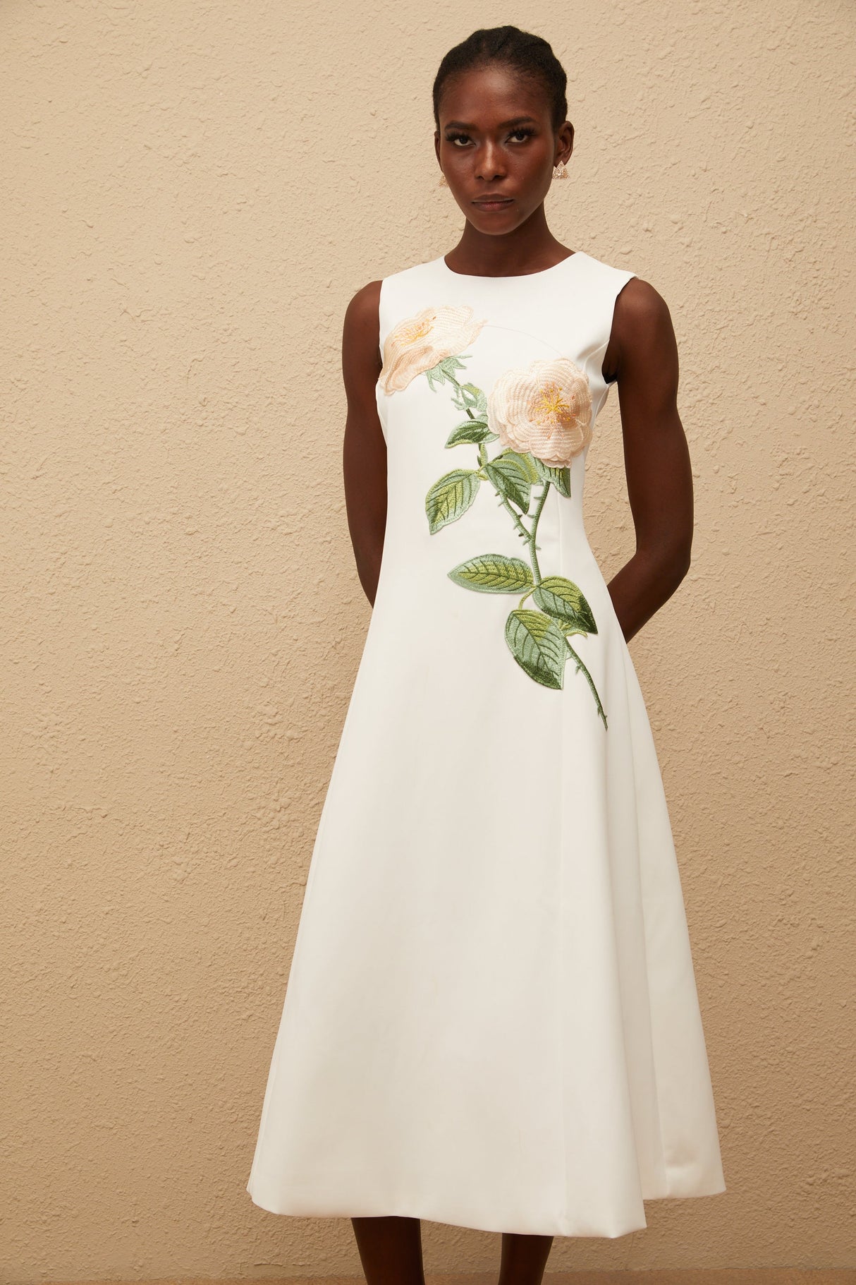 Aurohaya Mackenzie White Floral Embroidered Midi Dress