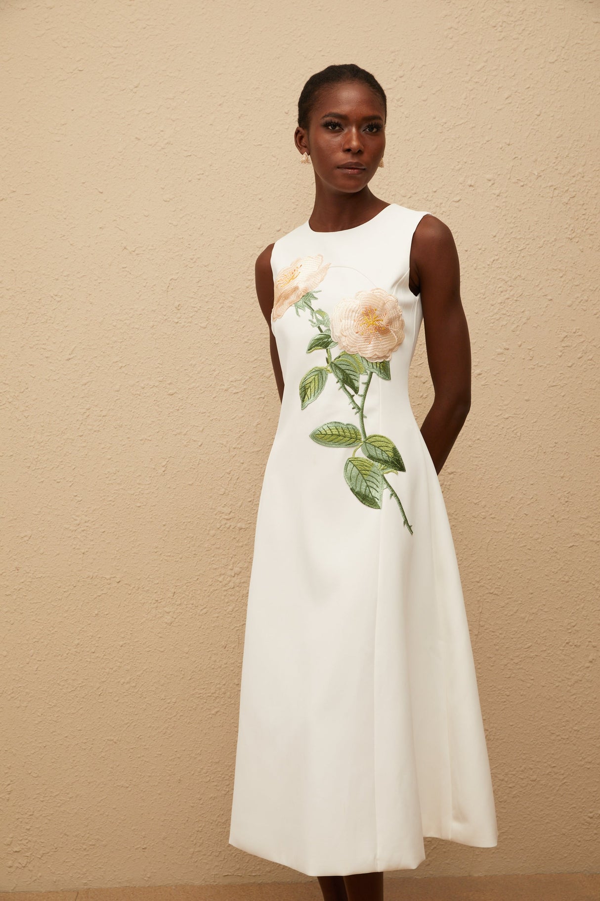 Aurohaya Mackenzie White Floral Embroidered Midi Dress