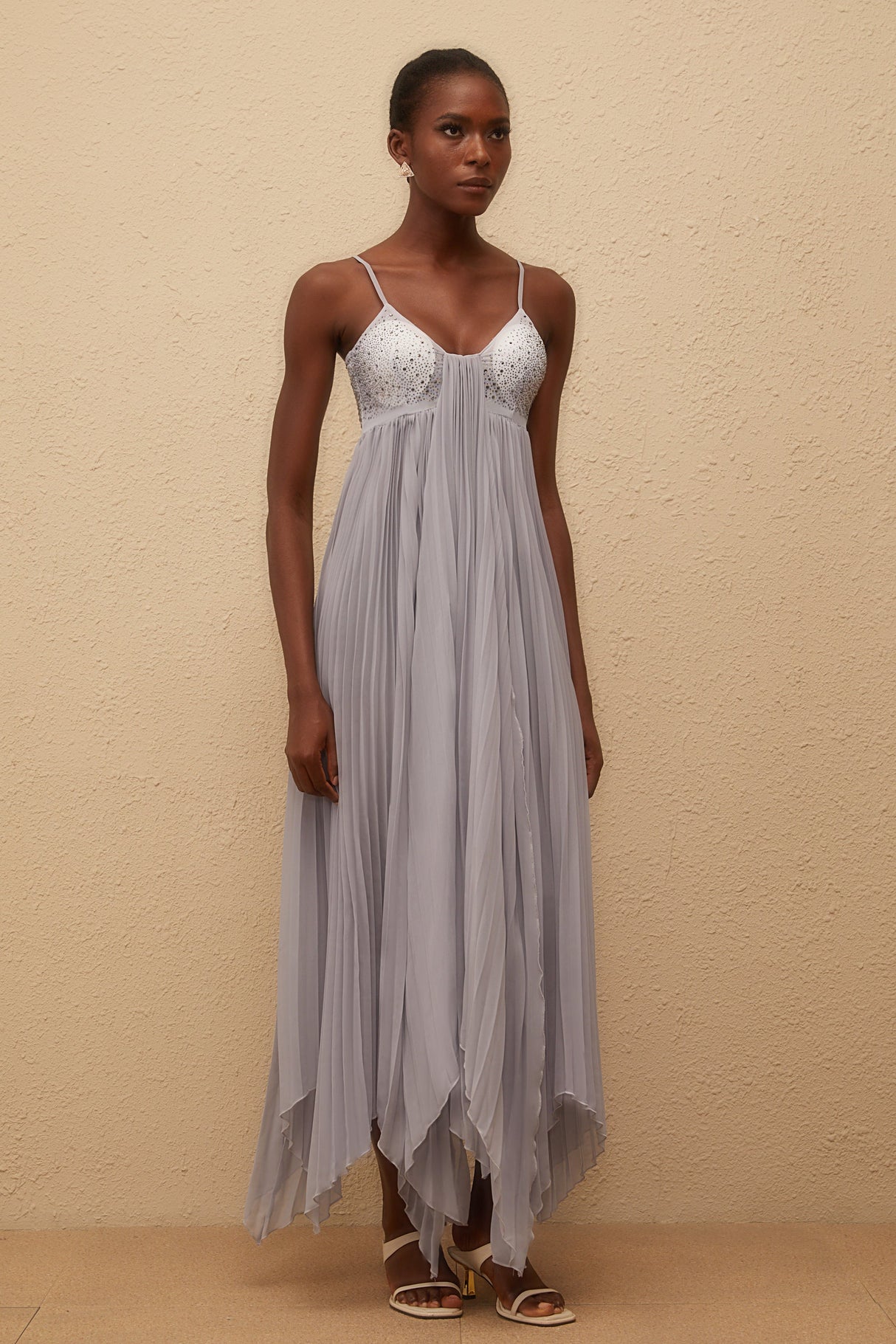 Aurohaya Léa Grey Rhinestone Embellished Pleated Maxi Dress