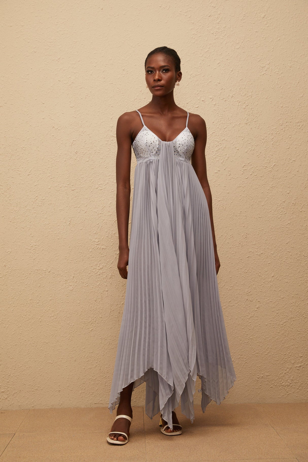 Aurohaya Léa Grey Rhinestone Embellished Pleated Maxi Dress