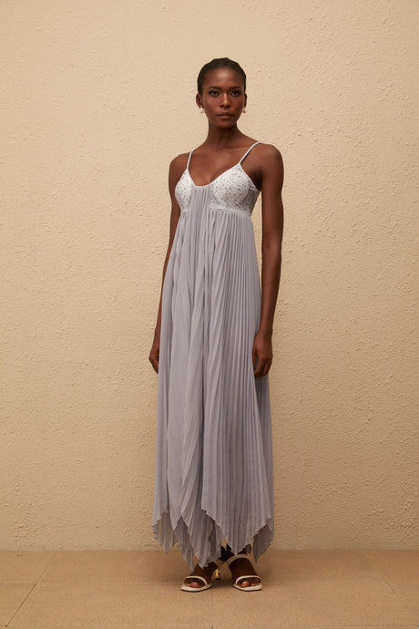 Aurohaya Léa Grey Rhinestone Embellished Pleated Maxi Dress