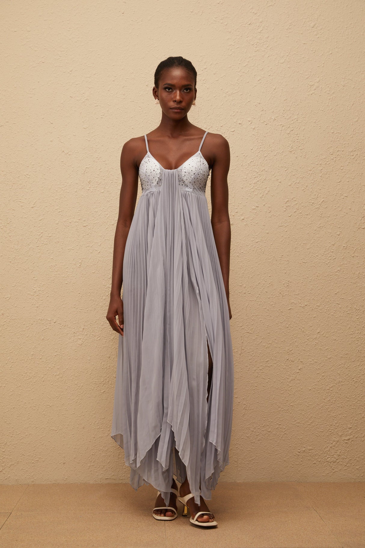Aurohaya Léa Grey Rhinestone Embellished Pleated Maxi Dress