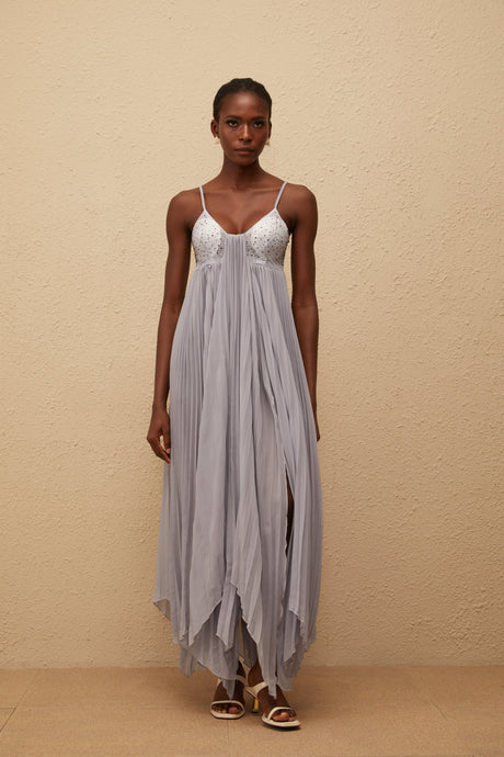 Aurohaya Léa Grey Rhinestone Embellished Pleated Maxi Dress