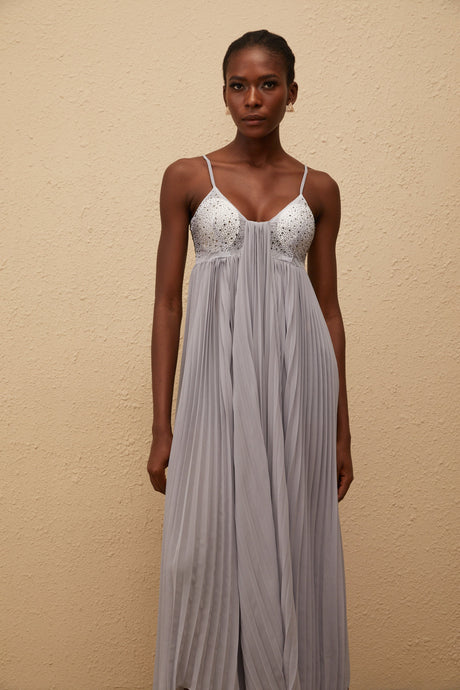 Aurohaya Léa Grey Rhinestone Embellished Pleated Maxi Dress