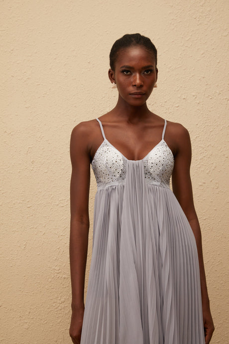Aurohaya Léa Grey Rhinestone Embellished Pleated Maxi Dress