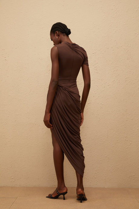 Aurohaya Prune Brown Night Out Asymmetrical Ruched Midi Dress