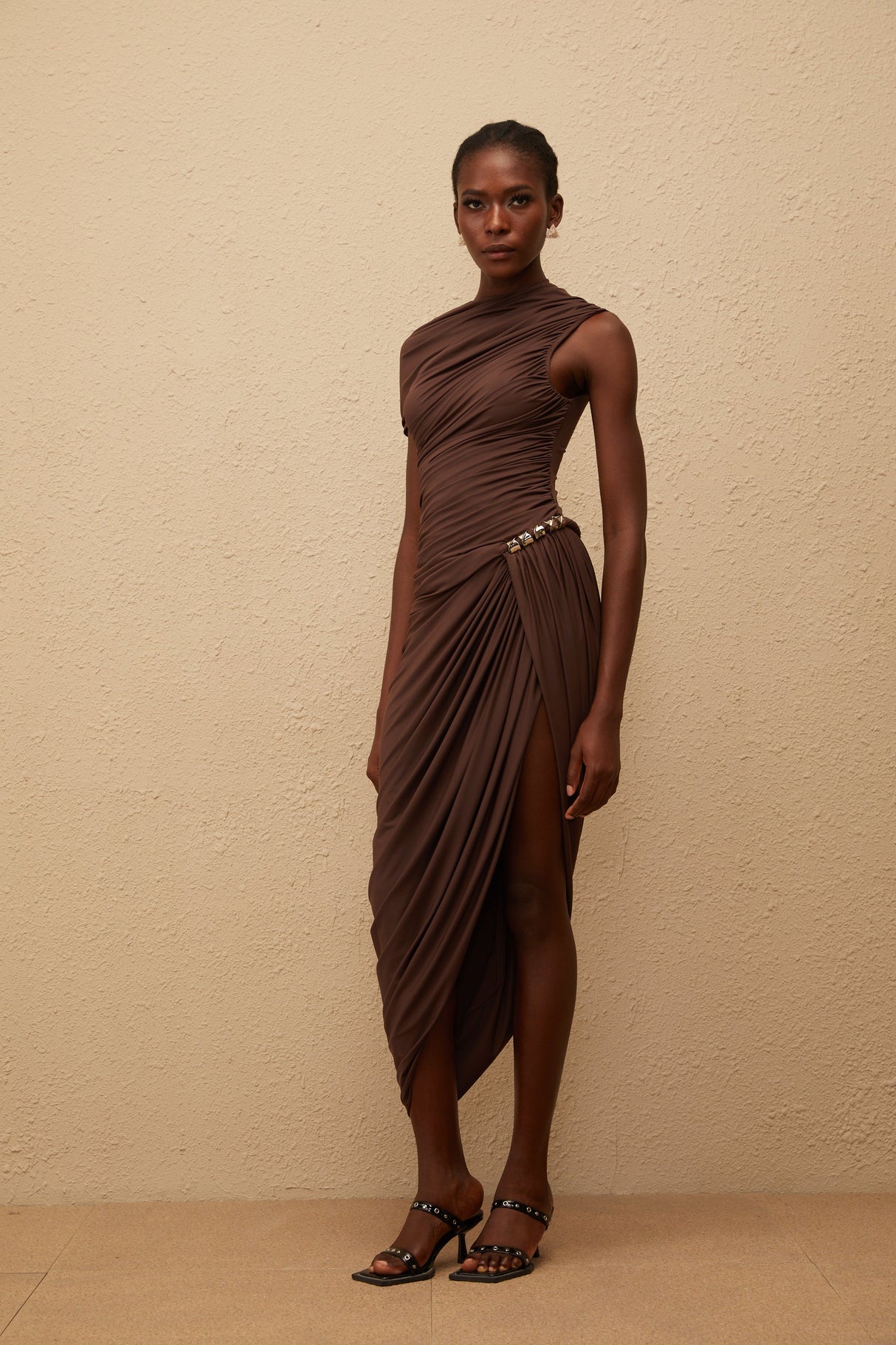 Aurohaya Prune Brown Night Out Asymmetrical Ruched Midi Dress