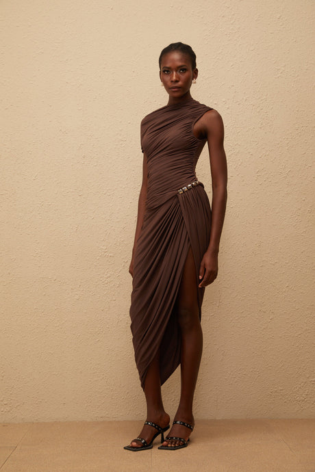 Aurohaya Prune Brown Night Out Asymmetrical Ruched Midi Dress
