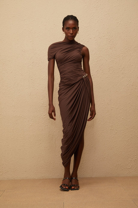 Aurohaya Prune Brown Night Out Asymmetrical Ruched Midi Dress