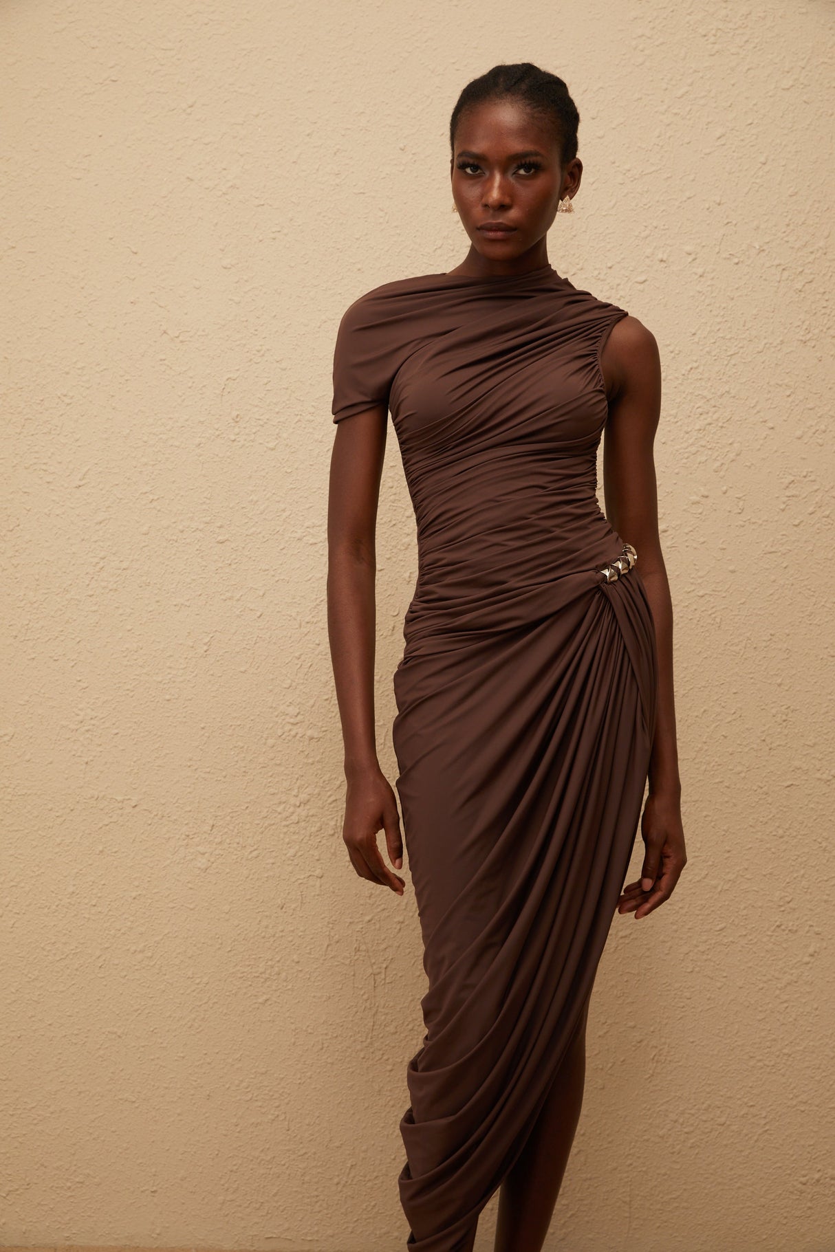 Aurohaya Prune Brown Night Out Asymmetrical Ruched Midi Dress