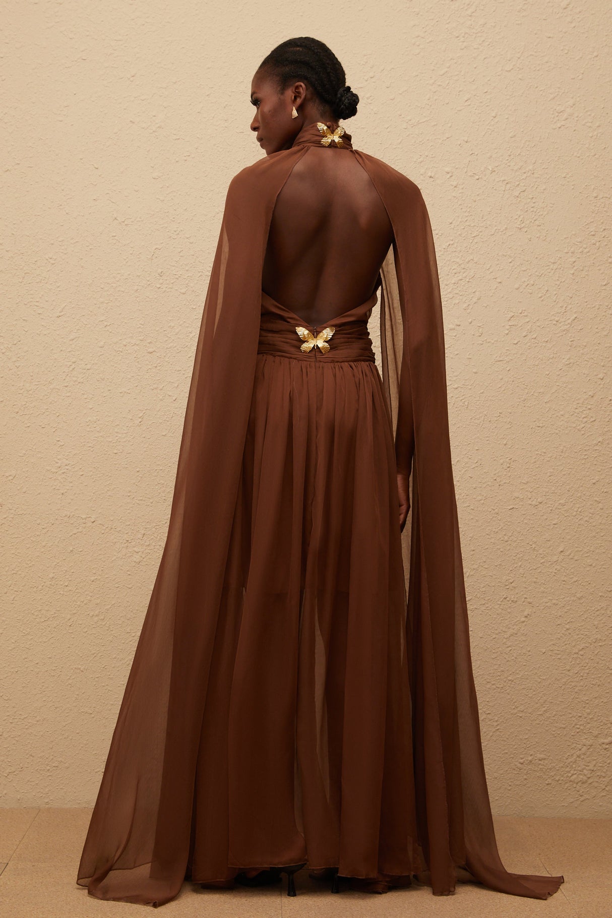 Aurohaya Coralie Brown Cape Design Pleated Tulle Gown