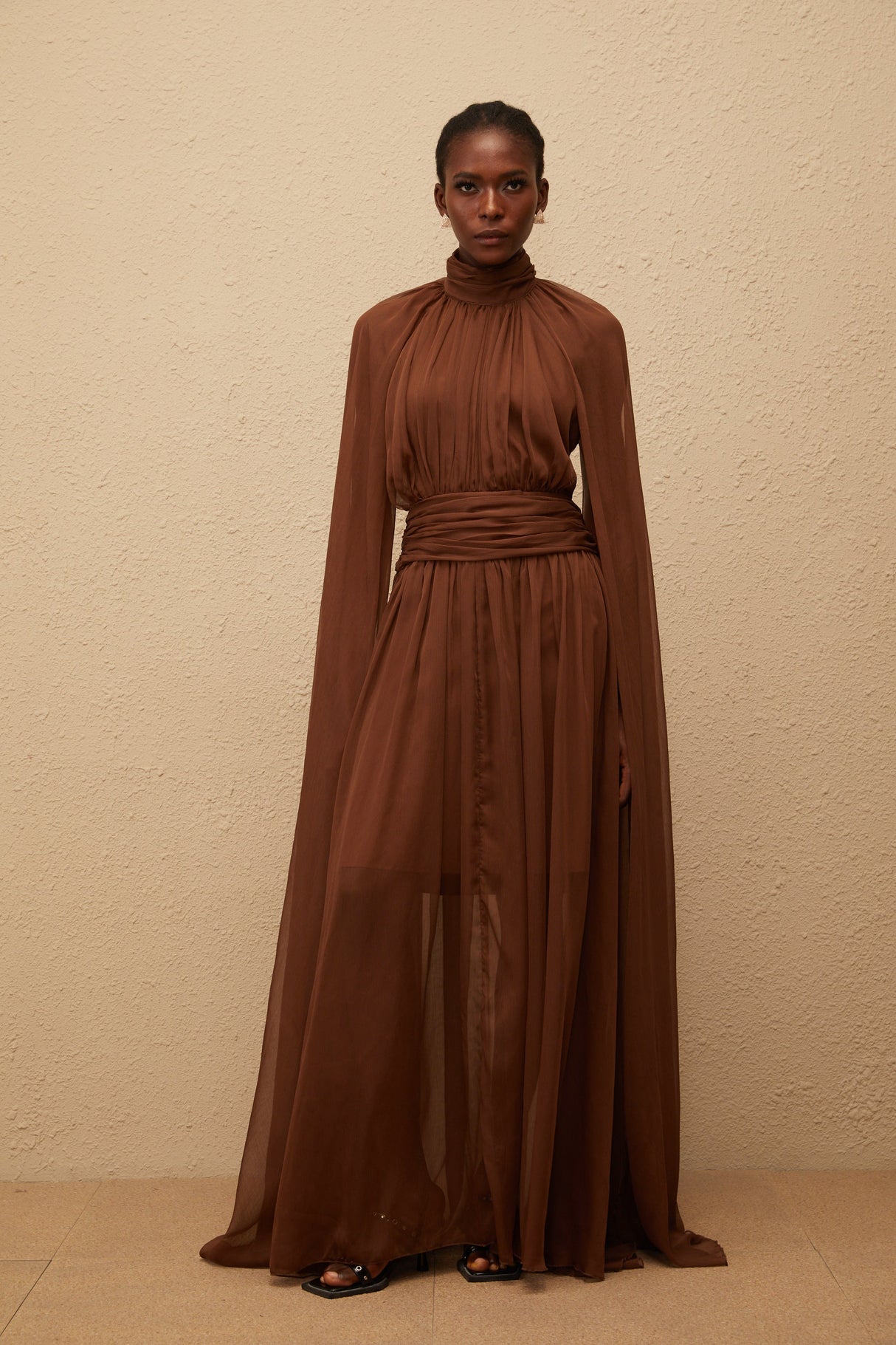 Aurohaya Coralie Brown Cape Design Pleated Tulle Gown