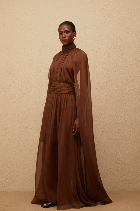 Aurohaya Coralie Brown Cape Design Pleated Tulle Gown