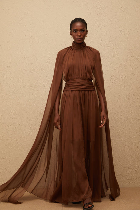 Aurohaya Coralie Brown Cape Design Pleated Tulle Gown