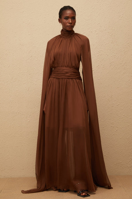 Aurohaya Coralie Brown Cape Design Pleated Tulle Gown