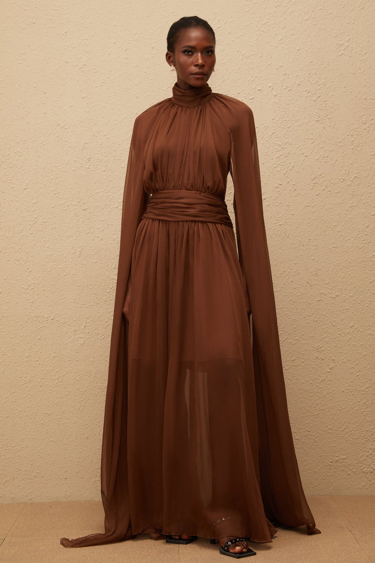 Aurohaya Coralie Brown Cape Design Pleated Tulle Gown