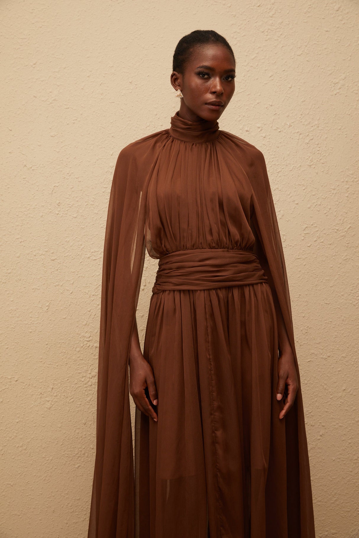 Aurohaya Coralie Brown Cape Design Pleated Tulle Gown