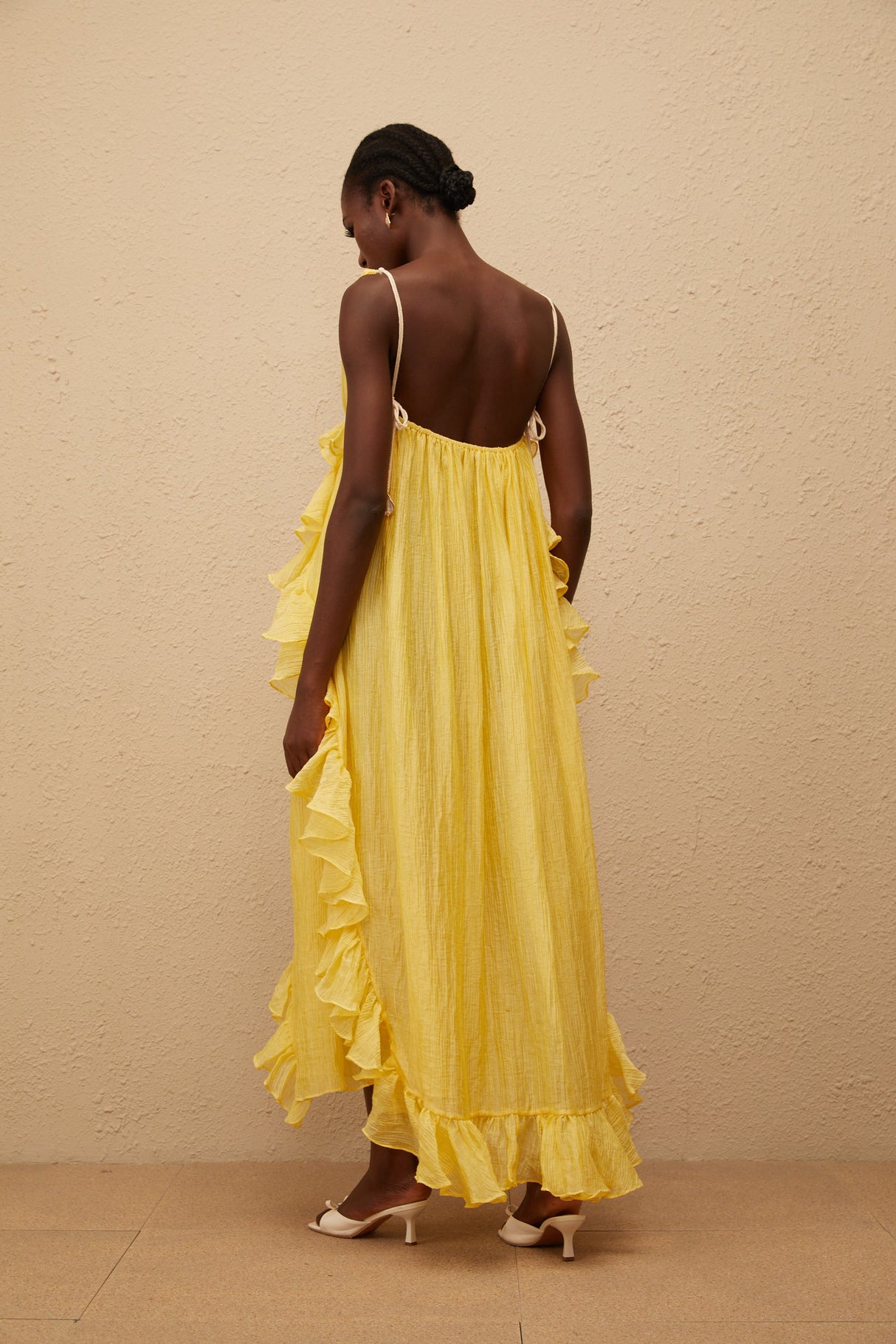 Aurohaya Estelle Yellow Crinkled Ruffled Maxi Dress