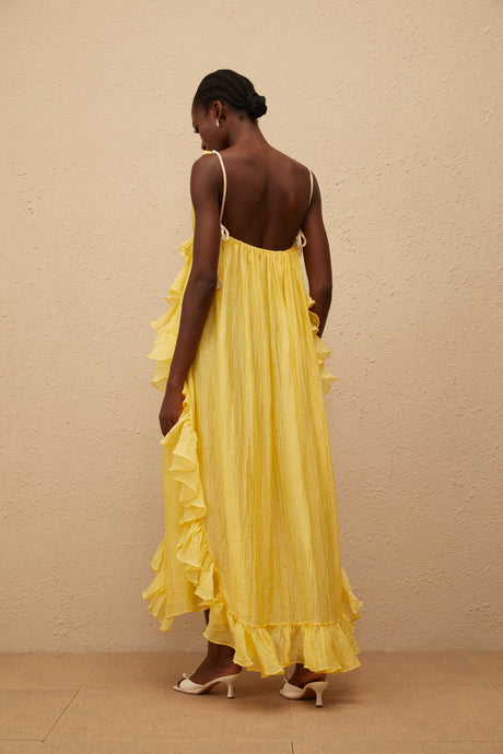 Aurohaya Estelle Yellow Crinkled Ruffled Maxi Dress