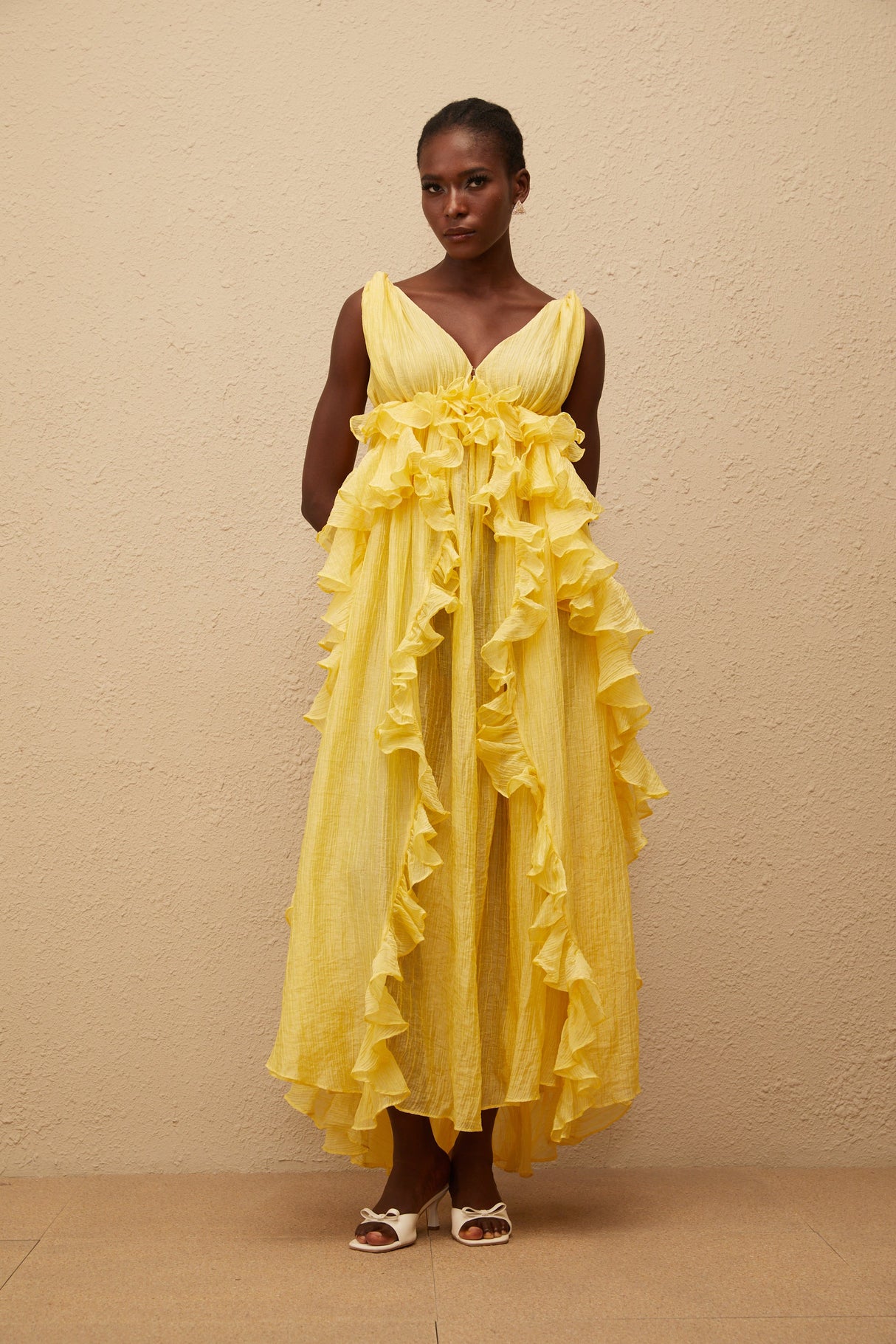 Aurohaya Estelle Yellow Crinkled Ruffled Maxi Dress