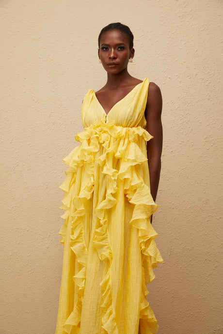 Aurohaya Estelle Yellow Crinkled Ruffled Maxi Dress