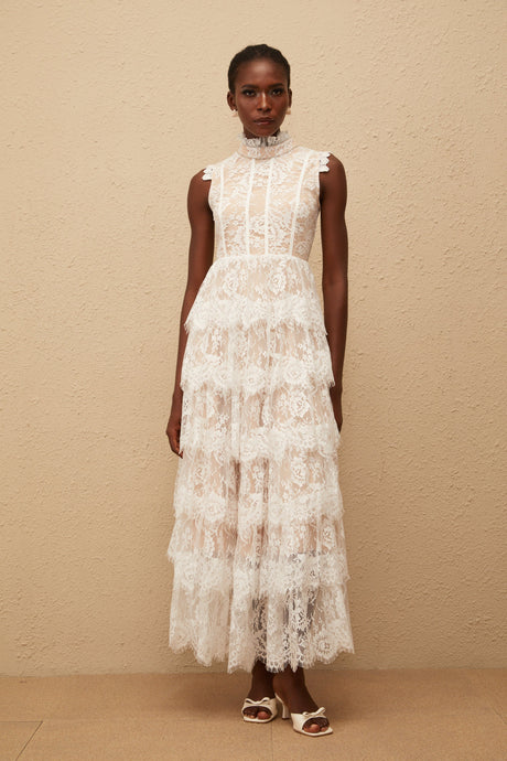 Aurohaya Thérèse White Embellished Floral Lace Tiered Maxi Dress